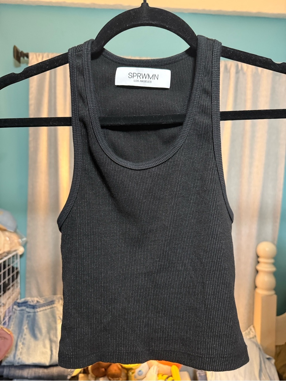 SPRWMN Los Angeles Black Ribbed Racerback Cropped Tank Top XS Made in USA